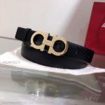 AAA Ferragamo Adjustable Black Leather Women's Belt - Gold Gancini Buckle